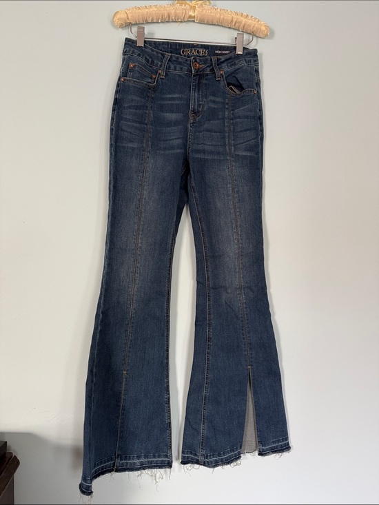 Grace in LA Denim - Grace in LA Dark Indigo High-Rise Flare Jeans with Front Slit